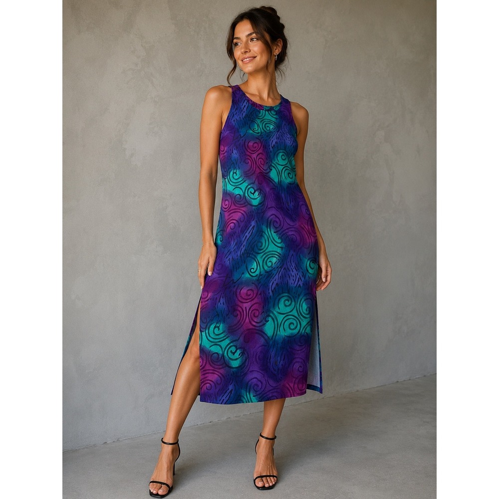 VTG Liz Baker Purple Teal Swirl Watercolor Sleeveless Midi Dress‎ 10P Artsy Boho